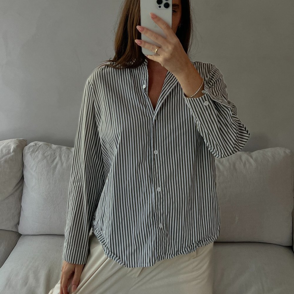 Jenni Kayne Striped Collarless Boyfriend Shirt